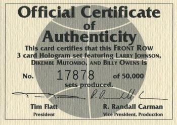 1992 Front Row Holograms #SN50000 Certificate of Authenticity Front