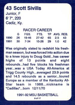 1991-92 Murray State Racers #9 Scott Sivills Back