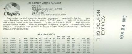 1978-79 Handyman San Diego Clippers #NNO Sidney Wicks Back