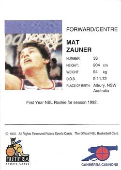 1992 Futera NBL #NNO Matt Zauner Back