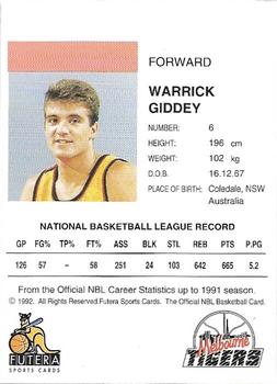 1992 Futera NBL #NNO Warrick Giddey Back