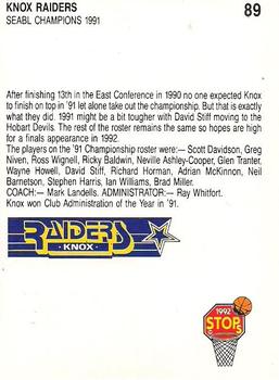 1992 Stops NBL #89 Knox Raiders Team Back