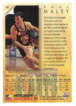 1994 Futera Australian NBL #58 Paul Maley Back