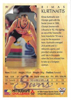 1994 Futera Australian NBL #91 Rimas Kurtinaitis Back