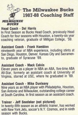 1987-88 Polaroid Milwaukee Bucks #NNO Del Harris / Frank Hamblen / Mack Calvin / Mike Dunleavy / Jeff Snedeker Back
