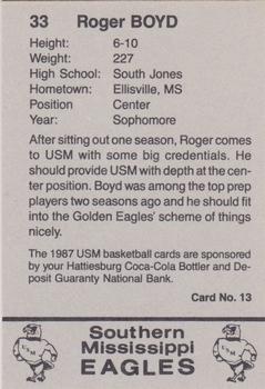 1987-88 Southern Mississippi Golden Eagles #13 Roger Boyd Back