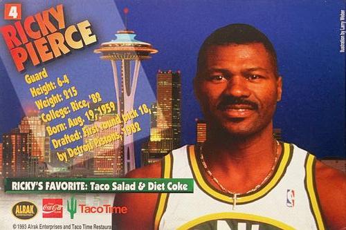 1993-94 Taco Time Seattle SuperSonics #4 Ricky Pierce Back