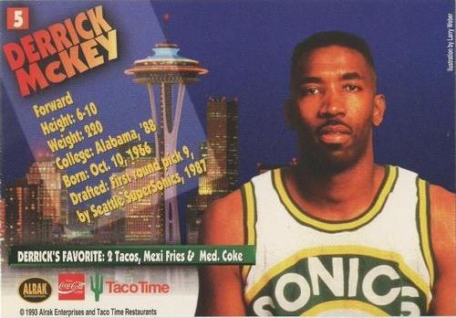 1993-94 Taco Time Seattle SuperSonics #5a Derrick McKey Back