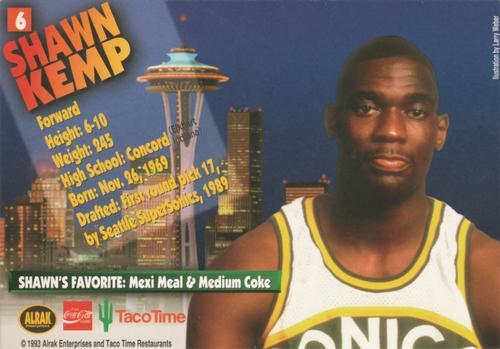 1993-94 Taco Time Seattle SuperSonics #6 Shawn Kemp Back