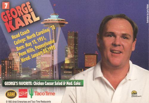 1993-94 Taco Time Seattle SuperSonics #7 George Karl Back