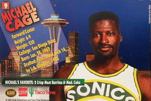 1993-94 Taco Time Seattle SuperSonics #9 Michael Cage Back