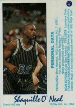 1994 Star Century #45 Shaquille O'Neal Back