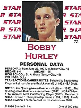 1994 Star Nova #72 Bobby Hurley Back