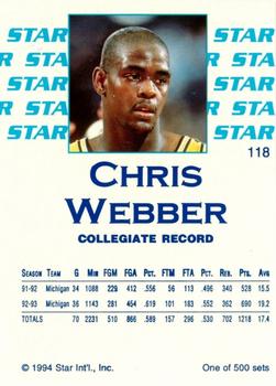 1994 Star Nova #118 Chris Webber Back