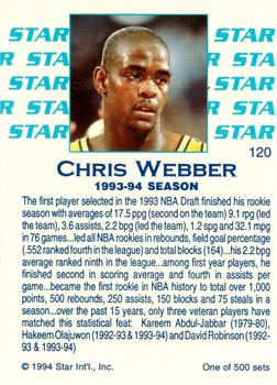 1994 Star Nova #120 Chris Webber Back