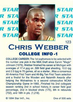 1994 Star Nova #123 Chris Webber Back