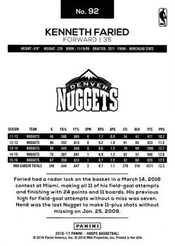 2016-17 Hoops #92 Kenneth Faried Back