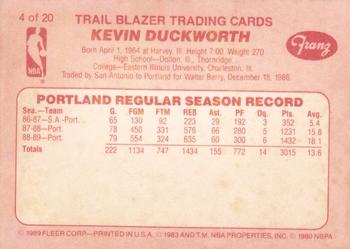 1989-90 Fleer Franz Portland Trail Blazers #4 Kevin Duckworth Back