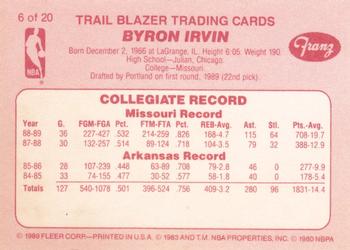 1989-90 Fleer Franz Portland Trail Blazers #6 Byron Irvin Back