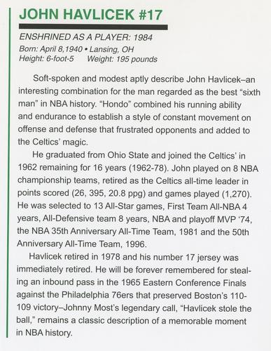 2005 Illustrious Hall of Fame Boston Celtics #NNO John Havlicek Back