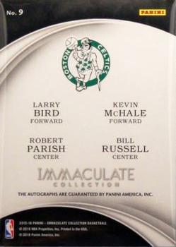 2015-16 Panini Immaculate Collection - Quad Autographs #9 Bill Russell / Kevin McHale / Larry Bird / Robert Parish Back