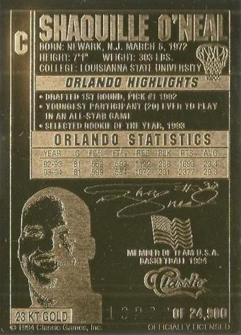 1994 Bleachers / Classic 23K All-Gold #NNO Shaquille O'Neal Back
