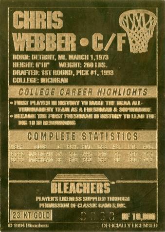 1994 Bleachers / Classic 23K All-Gold #3 Chris Webber Back