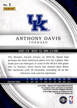 2016-17 Panini Immaculate Collection Collegiate #3 Anthony Davis Back