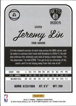 2016-17 Donruss #83 Jeremy Lin Back