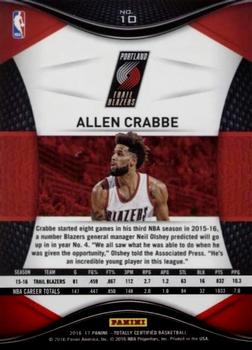2016-17 Panini Totally Certified #10 Allen Crabbe Back
