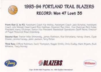 1994-95 Franz Portland Trail Blazers #1 Team Photo Back