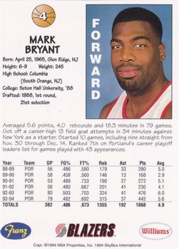 1994-95 Franz Portland Trail Blazers #4 Mark Bryant Back