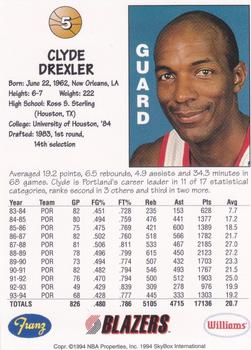 1994-95 Franz Portland Trail Blazers #5 Clyde Drexler Back