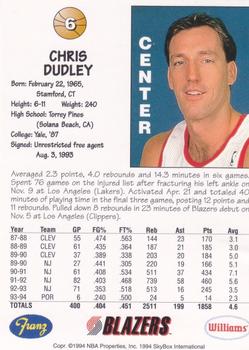 1994-95 Franz Portland Trail Blazers #6 Chris Dudley Back