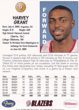 1994-95 Franz Portland Trail Blazers #9 Harvey Grant Back