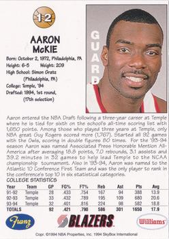 1994-95 Franz Portland Trail Blazers #12 Aaron Mckie Back