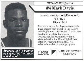 1991-92 NC State Wolfpack #2 Mark Davis Back