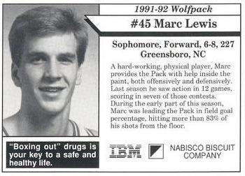 1991-92 NC State Wolfpack #7 Marc Lewis Back