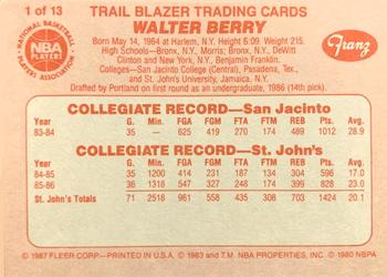 1986-87 Fleer Franz Portland Trail Blazers #1 Walter Berry Back