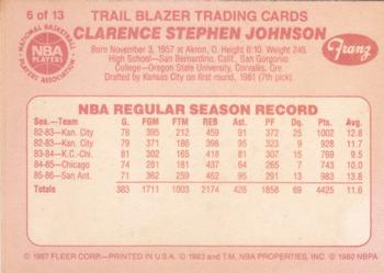 1986-87 Fleer Franz Portland Trail Blazers #6 Steve Johnson Back