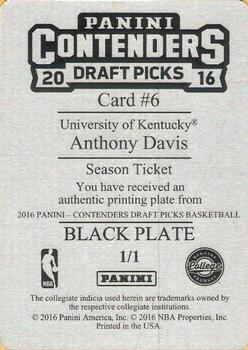2016 Panini Contenders Draft Picks - Printing Plates Black #6 Anthony Davis Back