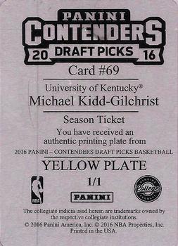 2016 Panini Contenders Draft Picks - Printing Plates Yellow #69 Michael Kidd-Gilchrist Back