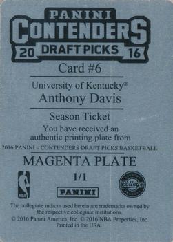 2016 Panini Contenders Draft Picks - Printing Plates Magenta #6 Anthony Davis Back