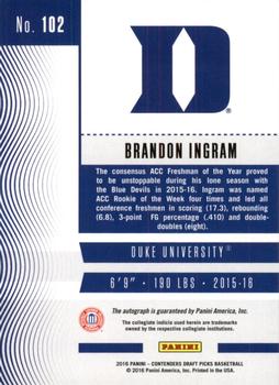 2016 Panini Contenders Draft Picks - College Ticket Autographs #102 Brandon Ingram Back