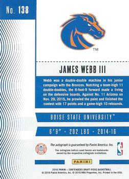 2016 Panini Contenders Draft Picks - College Ticket Autographs Draft Ticket Blue Foil #138 James Webb III Back