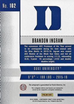2016 Panini Contenders Draft Picks - College Ticket Autographs Draft Ticket #102 Brandon Ingram Back