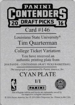 2016 Panini Contenders Draft Picks - College Ticket Autographs Printing Plates Cyan #146 Tim Quarterman Back