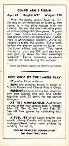 1950-51 Scott's Potato Chips Minneapolis Lakers #NNO Arnie Ferrin Back