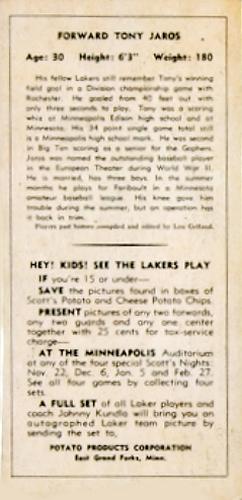 1950-51 Scott's Potato Chips Minneapolis Lakers #NNO Tony Jaros Back