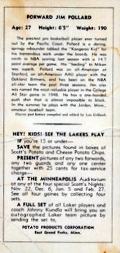 1950-51 Scott's Potato Chips Minneapolis Lakers #NNO Jim Pollard Back